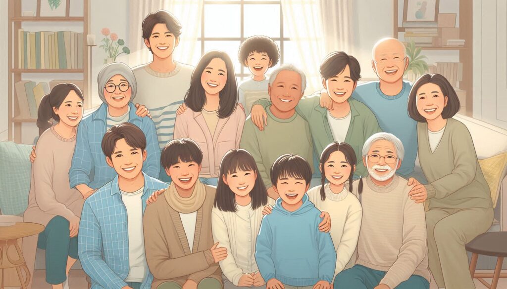 心理的な支援によって家族や子どもの笑顔が増えていくイメージイラスト【AYH】