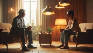 心理カウンセラーとクライアントが安心して話せるカウンセリングルームの様子【AYH】