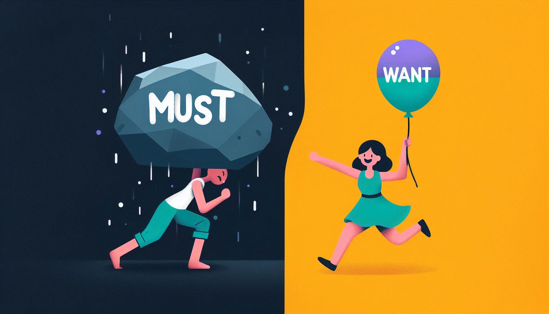 「やらなきゃ」という義務感で重い荷物を持つ人と、「やりたい」という意志で軽やかに進む人の対比図